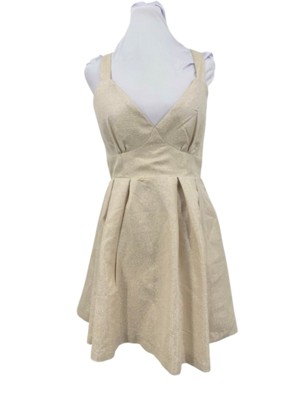 Cream Shimmer Party Dress Strappy Open Back Full Pleated Skirt Size Medium